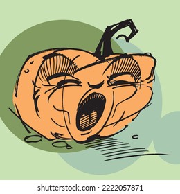 Line drawing of an orange pumpkin on a light green background. Vector drawing of a vegetable. Postcard design