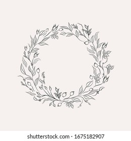 Line drawing ornate wreath, floral frame with hand drawn flowers, branches, plants, herbs. Botanical illustration. Leaf logo. Wedding invitation. Vector Illustration