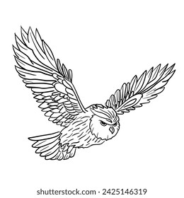 Line drawing of an owl flying.Vector illustration isolated on white.