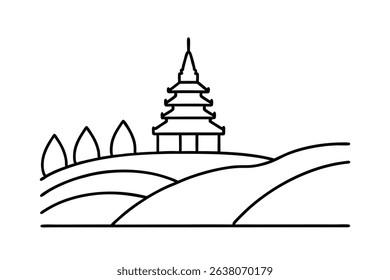 Line drawing pagoda hilltop landscape asian temple trees