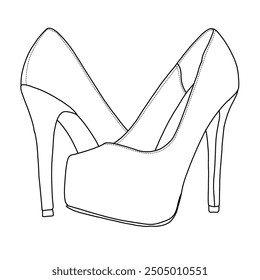 A line drawing of a pair of elegant women's stiletto heels with a platform sole, Technical sketch hand drawing outline vector doodle illustration, side and rear view isolated on white background