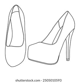 A line drawing of a pair of elegant women's stiletto heels with a platform sole, Technical sketch hand drawing outline vector doodle illustration, side and top view isolated on white background