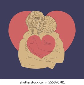 Line drawing of a pair embrace on a background of heart