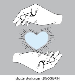 Line drawing of a pair of hands holding an abstract heart shape energy orb. Symbolism for love, relationship, positive affirmation, self-care, Valentine's day, and friendship. Ready to use artwork