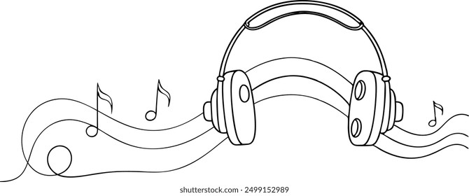 A line drawing of a pair of headphones with notes on the side. The headphones are black and white and the notes are in different colors. Concept of music and creativity