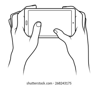 Line drawing of a pair of human male hands holding a large smartphone / phablet or small tablet.