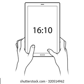 Line drawing of a pair of human male hands holding a large tablet. 16:10 aspect ratio screen in portrait.