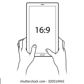 Line drawing of a pair of human male hands holding a large tablet. 16:9 aspect ratio screen in portrait.