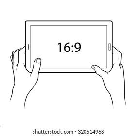 Line drawing of a pair of human male hands holding a large tablet. 16:9 aspect ratio screen in landscape.