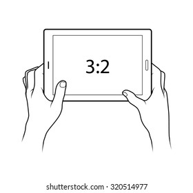 Line drawing of a pair of human male hands holding a large tablet. 3:2 aspect ratio screen in landscape.