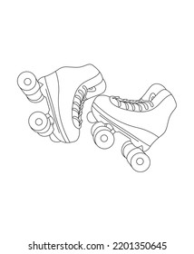  line drawing of pair of old retro plastic quad roller skate shoes. Trendy vintage classic sport concept continuous line art