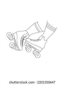  line drawing of pair of old retro plastic quad roller skate shoes. Trendy vintage classic sport concept continuous line art