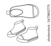 Line drawing of a pair of simple ankle boots, viewed from different angles, suitable for children or toddlers.