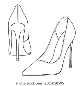 Strichzeichnung eines Paares stylischer schwarzer Damen-High-Heel-Schuhe, technische Skizze, Handzeichnung, Umriss, Vektordoodle-Illustration, Seiten- und Rückansicht einzeln auf weißem Hintergrund