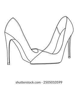 Eine Linienzeichnung eines Paares von stilvollen schwarzen Damen High Heel Schuhe, Technische Skizze Handzeichnung Umriss Vektor Doodle Illustration, verschiedene Ansicht einzeln auf weißem Hintergrund