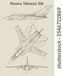 line drawing of a Panavia Tornado IDS aircraft, showcasing three different perspectives. The top view shows the plane from above, highlighting its long, straight wings and multiple engines.