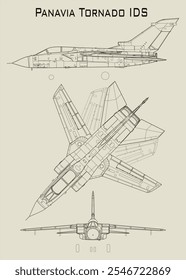 line drawing of a Panavia Tornado IDS aircraft, showcasing three different perspectives. The top view shows the plane from above, highlighting its long, straight wings and multiple engines.