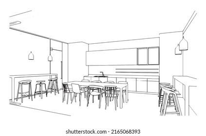 line drawing of  pantry area and dining table,Modern design,3d rendering