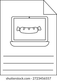 Desenho de linha de um papel mostrando uma tela de computador com uma salsicha e linhas abaixo dela