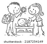 Line drawing of parents changing their baby