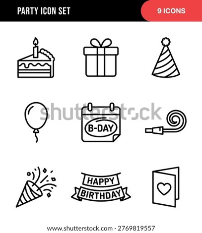 Line Drawing Party Icon Set with Cake Present and Celebration Elements