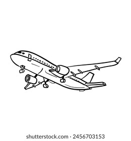 Line drawing of a passenger plane flying in the sky.Vector illustration isolated on white.