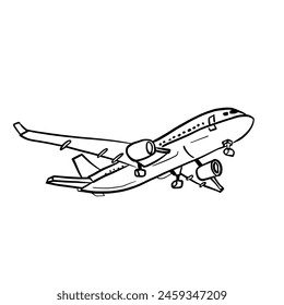 Dibujo de línea de un avión de pasajeros que vuela en el cielo.Ilustración vectorial aislada en blanco.