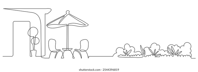 Desenho de linha de uma cena pacífica café com assentos ao ar livre