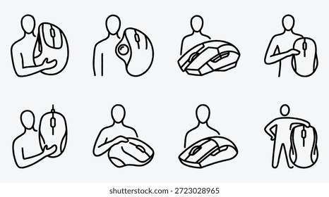 Dibujo de líneas de personas que sostienen ratones de computadora en varias posturas y posiciones