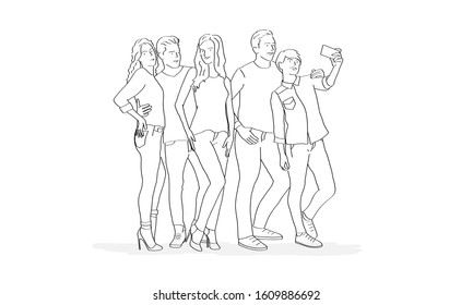 Line drawing of people making selfie photo. Vector illustration.