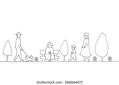 Line drawing of people and town landscape