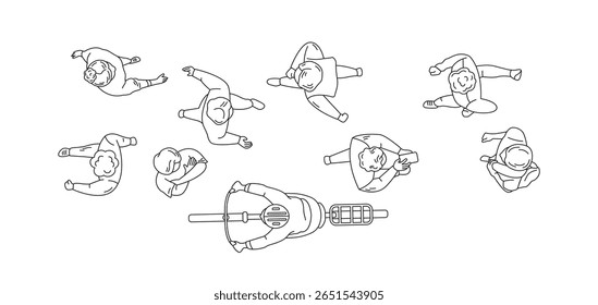 Line drawing of people viewed from above. Various individuals in casual outfits surround a person on a scooter on white background. Illustrative style.
