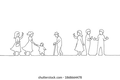 Line drawing of people walking 