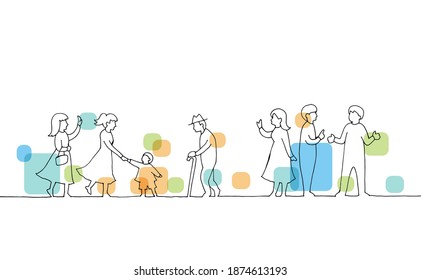 Line drawing of  people walking 