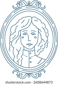 A line drawing of a person with curly hair and a high-collared shirt in an ornate oval frame. The portrait exudes classic elegance and simplicity with its minimalistic style. Cartoon vector