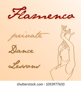 Line drawing of person dancing flamenco, with the written phrase, private dance lessons, "flamenco", vectorized illustration.