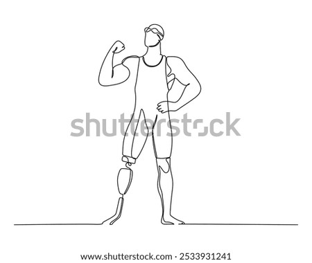 Line drawing of a person flexing their arm with confidence, wearing athletic clothing and a prosthetic leg, symbolizing strength, determination, and overcoming physical challenges