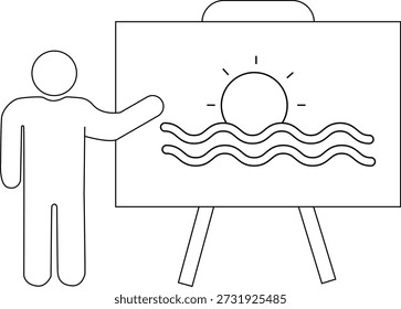 Dibujo de la línea de la persona que hace gestos a la pintura del sunsea en caballete