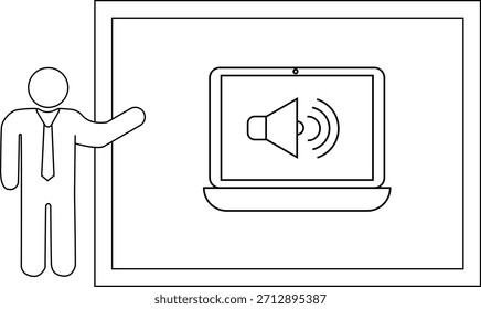 Line drawing person gesturing toward a screen displaying a sound icon on a laptop
