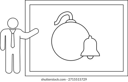 Dibujo de línea de una persona que hace un gesto hacia una bomba y una campana dentro de un rectángulo enmarcado