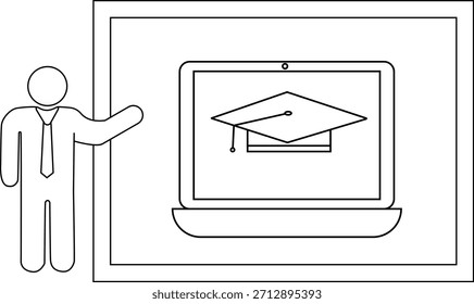 Dibujo de línea de una persona que hace un gesto hacia una computadora portátil que muestra un casquillo de graduación dentro de un borde rectangular