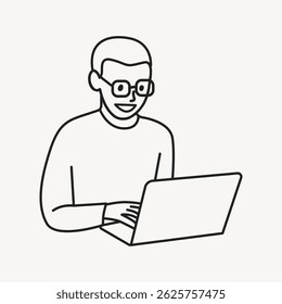 Line drawing of a person with glasses using a laptop. Simple illustration of a laptop user. Person with glasses focused on laptop work. Person, character illustration vector.