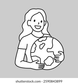 Line drawing of a person holding a globe, smiling. The person is wearing a T-shirt, with long hair. The globe is prominently featured in the illustration. Vector illustration.