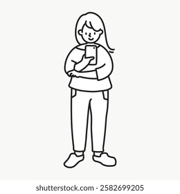 Line drawing of a person holding a phone, smiling. Casual attire, standing pose. Simple, minimalist illustration of a person with a phone. Aesthetic woman illustration vector.