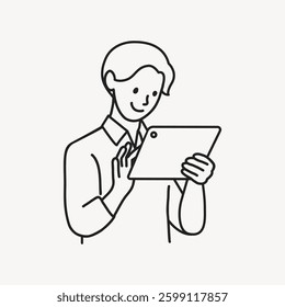 Line drawing of a person holding a tablet, smiling. The person is wearing a shirt, using a tablet. Simple, minimalist style illustration of tablet use. Doodle illustration vector.