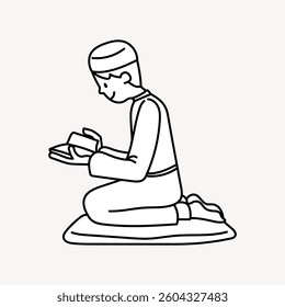 Line drawing of a person kneeling and praying, holding a book. The person is wearing a cap and robe, depicted in a simple, minimalist style. Vector illustration.