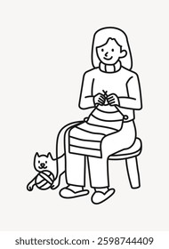 Line drawing of a person knitting with a cat playing with yarn. The person is seated, smiling, and engaged in knitting. The cat is playful with the yarn ball. Vector illustration.