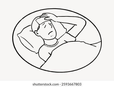 Line drawing of a person lying in bed, appearing unwell, with a hand on their forehead. The illustration suggests sickness, rest, and recovery in bed. Isolated vector illustration.