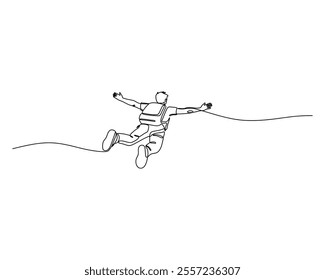 Line drawing of a person in mid-air, engaged in an activity like bungee jumping or skydiving, with arms outstretched and wearing a harness. moment of freefall, emphasizing adventure and excitement