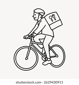 Desenho de linha de uma pessoa em uma bicicleta com uma mochila de entrega. O ciclista usa um capacete. A mochila de entrega é ilustrada com um ícone de garfo e colher. Pessoa, vetor de ilustração de caractere.